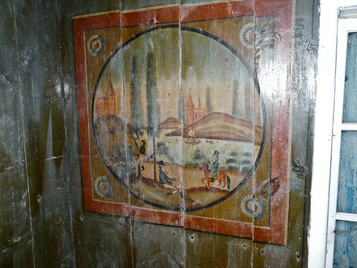 Jedno z malowideł na ścianie zabytkowej altanki w Oleśnie.