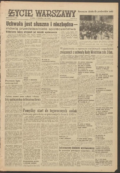 Elbląg, Numer „Życia Warszawy” z 6 stycznia 1953 r. z informacją na temat uchwały