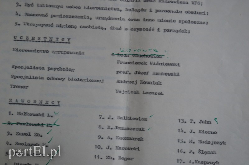 Elbląg, Fragment planu zgrupowania zimowego ZKS Olimpia Elbląg w Polanicy Zdroju w 1977r., ze zbiorów L. Strembskiego