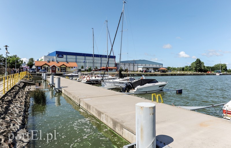Elbląg, Port w Tolkmicku, w tle wspomniany w artykule teren przetwórni, który ma być przeznaczony pod działalność turystyczną