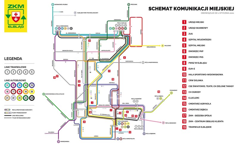 Elbląg, Schemat komunikacji miejskiej w Elblągu (materiał ZKM) Elbląg, Schemat komunikacji miejskiej w Elblągu (materiał ZKM)