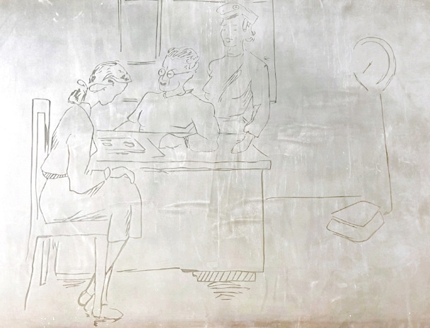 Elbląg, Jeden z rysunków na szkle z dawnej zamechowskiej przychodni zdrowia. Można domniemać, że jest to scenka z Poradni K (Poradni chorób kobiecych). Link do pozostałych zdjęć z tymi rysunkami oraz ich opis w odcinku nr 1