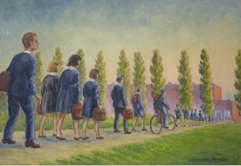 Elbląg, „Idziemy do szkoły” - ilustracja z elementarza szkolnego na podstawie obrazu Aleksandra Orczykowskiego z lat 60. XX w. Czy taki  idylliczny obrazek mógł być widywany również w Dąbrowie?