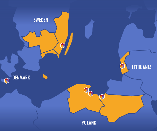 Elbląg, Na żółto oznaczone regiony, które należą do Euroregionu Bałtyk (graf. Euroregion Bałtyk)