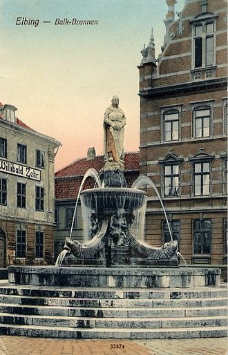 Elbląg, Fontanna Hermana Balka autorstwa H. Magnussena z 1908 roku, stojąca na Placu Fryderyka Wilhelma (obecnie Plac Słowiański),