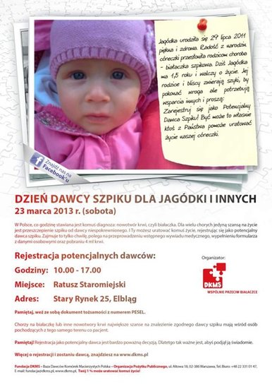 Elbląg, Dzień Dawcy Szpiku dla Jagódki i Innych Elbląg, Dzień Dawcy Szpiku dla Jagódki i Innych