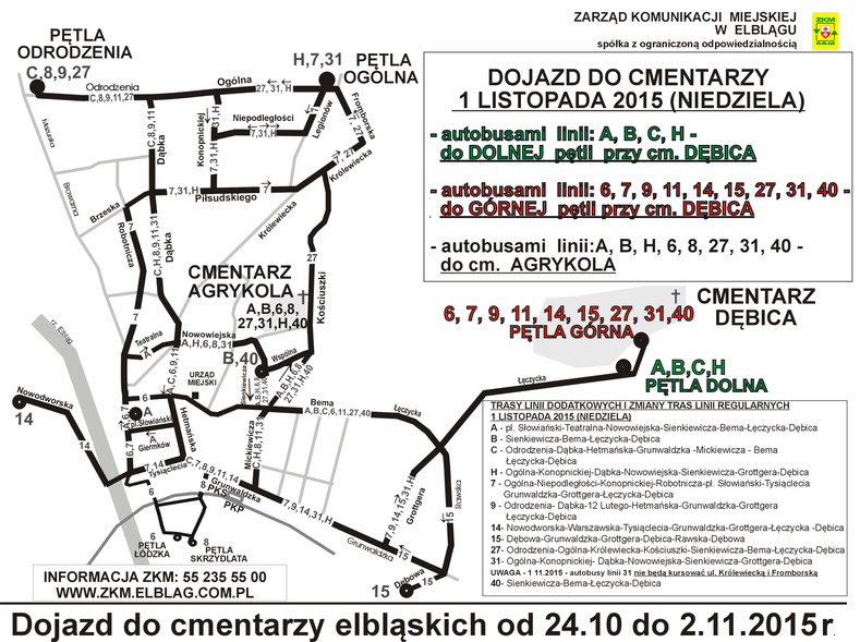 Elbląg, Organizacja ruchu i komunikacji miejskiej w okresie Wszystkich Świętych