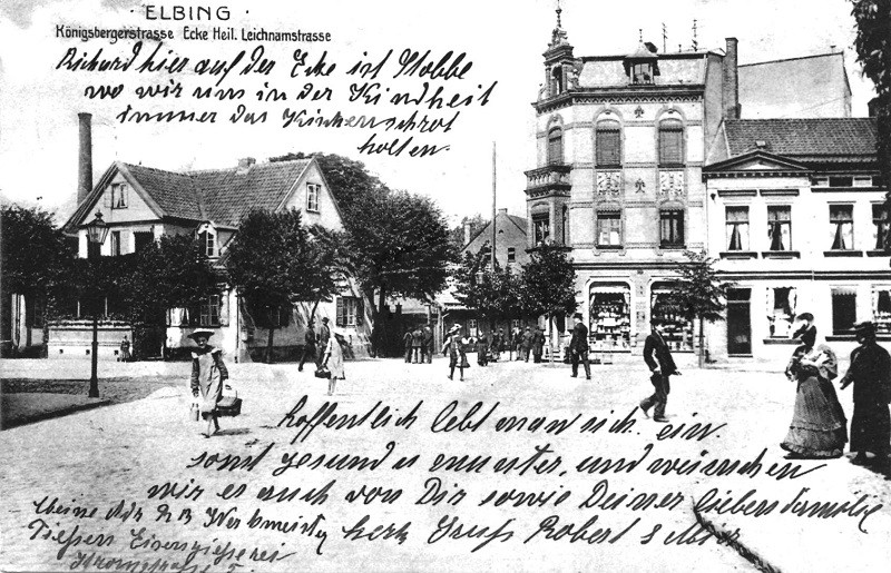 Elbląg, Róg ulicy Bożego Ciała (niem. Heil. Leichnamstraße) i Królewieckiej (niem. Königsbergerstraße)