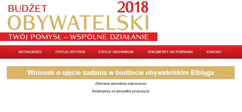 Elbląg, Taki komunikat pojawia się dzisiaj na stronie budżetu obywatelskiego, jeśli ktoś chce złożyć wniosek przez internet (zrzut z ekranu komputera)