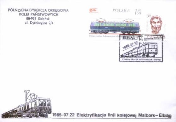 Kartka pocztowa wydana z okazji elektryfikacji linii kolejowej do Elbląga