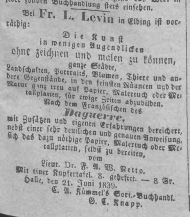 Elbląg, Informacja o dagerotypii z "Elbinger Anzeigen" z 18 września 1839 r.