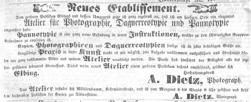 Elbląg, Ogłoszenie Alberta Dietza w "Elbinger Anzeiger" z 21 maja 1856 roku.