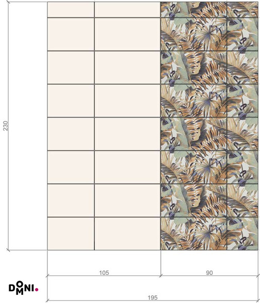 Przykładowy plan rozmieszczenia płytek bazowych i dekoru w kolekcji Domino Selvo - dwuelementowy obraz Jungle z powtarzalnym wzorem znajdzie się na ścianie z kabiną prysznicową o szerokości 90 cm w małej łazience