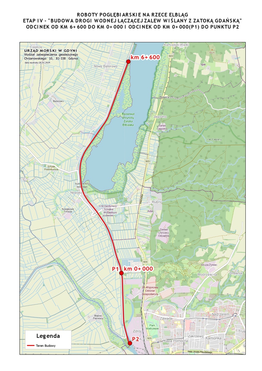 Elbląg, Ten odcinek rzeki zostanie pogłębiony do 20 listopada (mapa Urząd Morski w Gdyni)