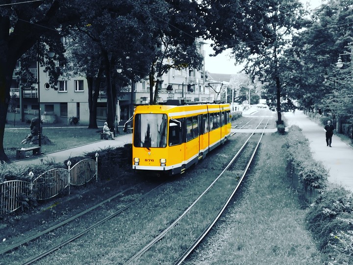 Żółty M8C przy placu Grunwaldzkim.  (Sierpień 2018)