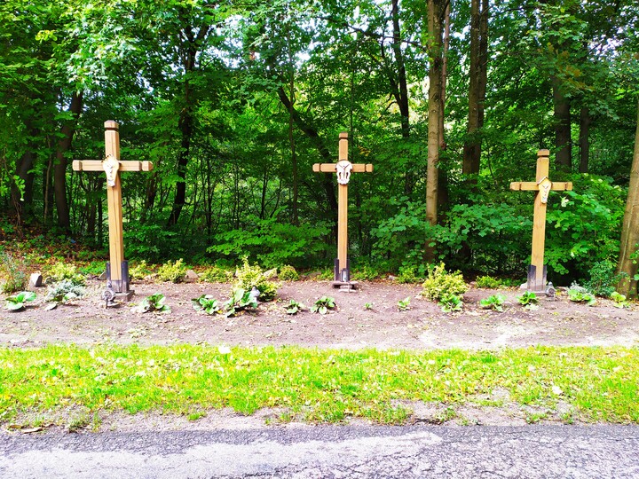 Tajemnica trzech krzyży. Przy drodze wojewódzkiej nr 504  pomiędzy Zajączkowem a Podgrodziem stoją trzy krzyże a obok jest tablica z informacją na ich temat. Warto poznać tę historię. (Październik 2023)