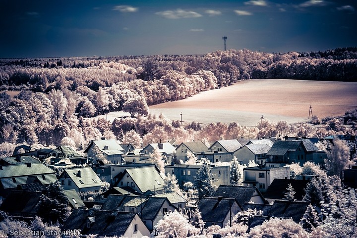 Widok na Frombork z wieży w IR