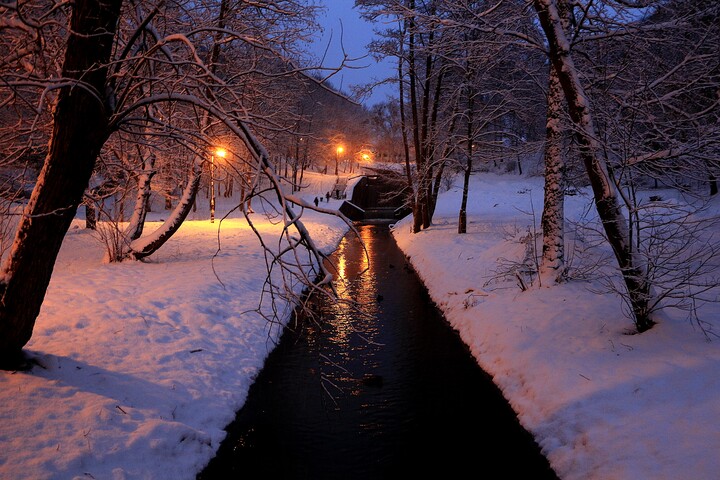 Park Dolinka z wybitnym klimatem zimowym wieczorem w Elblągu