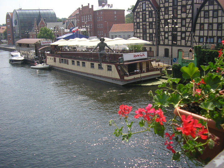 BYDGOSZCZ -stare miasto ,na moscie nad rzeką Brdą jest posąg ŁUCZNICZKI przechodzącej po linie .Posag ten obrazuje "przejście Polski z cienia do dobrobyty " ,co znaczy wstąpienie polski do UNII EUROPEJSKIEJ. (Sierpień 2010)