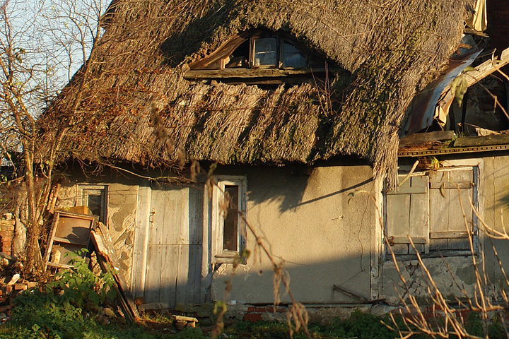 Tropy Elbląskie – fragment walącej się chaty podcieniowej (Listopad 2011)