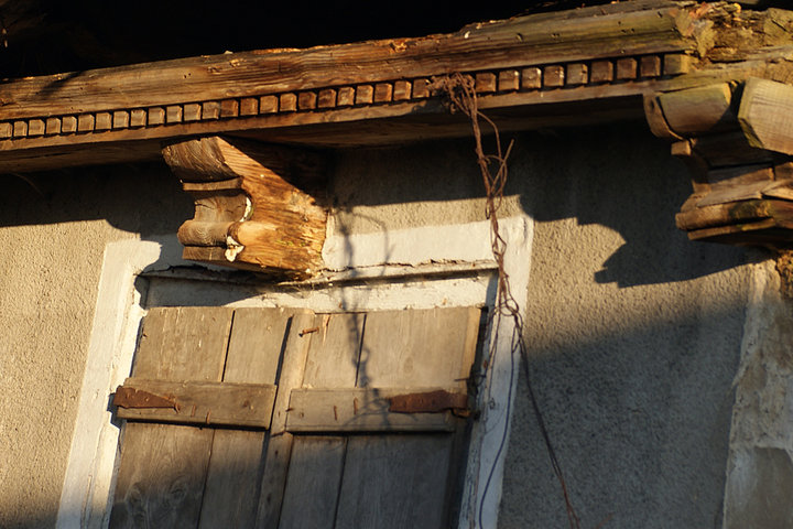 Tropy Elbląskie – fragment walącej się chaty podcieniowej (Listopad 2011)