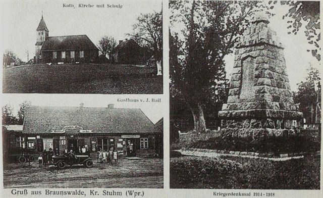 Elbląg, Zestaw przedwojennych widoków z Gościszewa: kościół, gospoda i pomnik poległych w I wojnie światowej