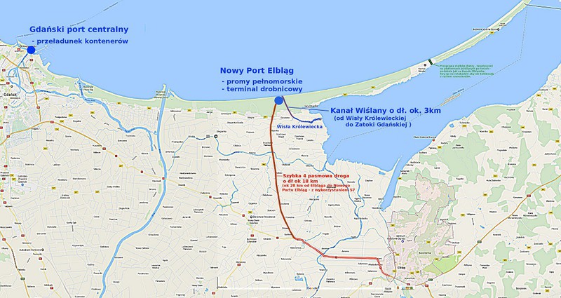 Elbląg, Nowy Port Elbląg nad Zatoką Gdańską i Kanał Wiślany – bez przekopu Mierzei (graf. nadesłana przez Czytelnika)