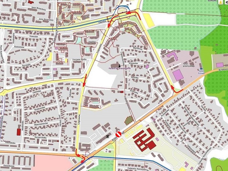 Elbląg, Schemat objazdu dla pojazdów poruszających się ul. Królewiecką w kierunku centrum Elbląg, Schemat objazdu dla pojazdów poruszających się ul. Królewiecką w kierunku centrum