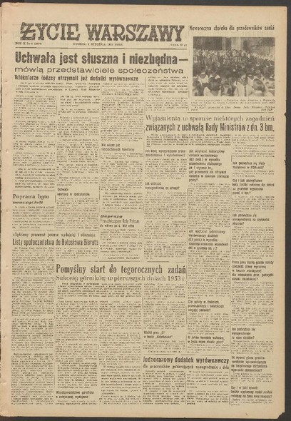 Elbląg, Numer „Życia Warszawy” z 6 stycznia 1953 r. z informacją na temat uchwały Elbląg, Numer „Życia Warszawy” z 6 stycznia 1953 r. z informacją na temat uchwały