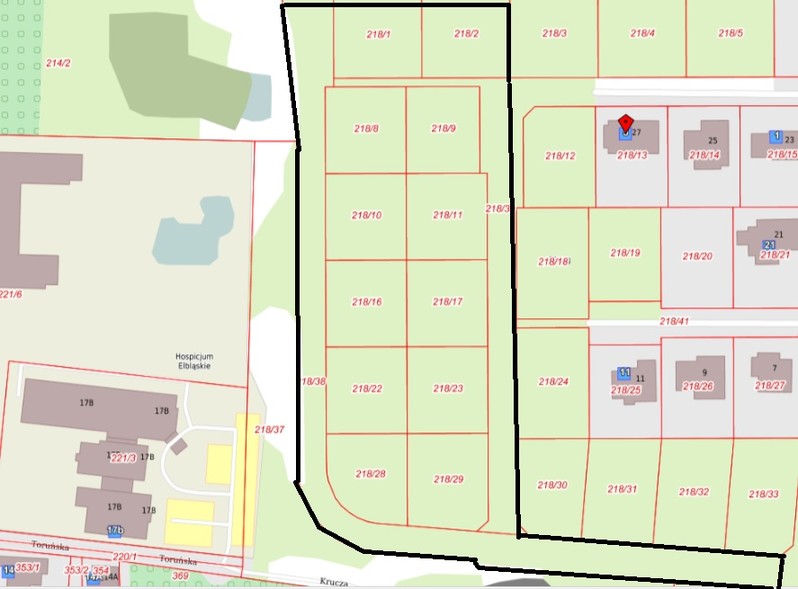 Elbląg, Działki wystawione na przetarg zaznaczyliśmy czarną linią. Mapa pochodzi z portalu mapowego UM Elbląg Elbląg, Działki wystawione na przetarg zaznaczyliśmy czarną linią. Mapa pochodzi z portalu mapowego UM Elbląg