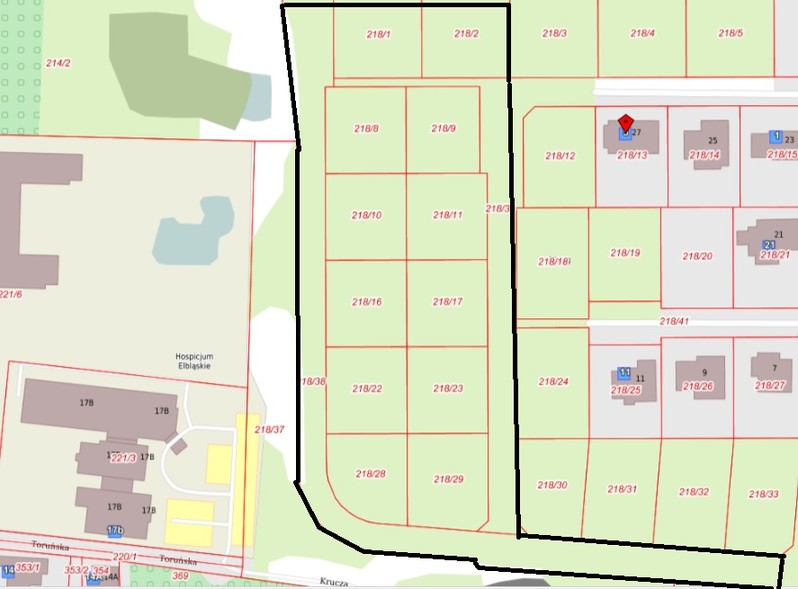 Elbląg, Działki wystawione na przetarg zaznaczyliśmy czarną linią. Mapa pochodzi z portalu mapowego UM Elbląg