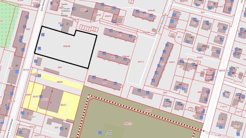 Elbląg, Działka przy ul. Komeńskiego ma powierzchnię 3,6 tys. m kw. (źrodło: Portal Mapowy UM Elbląg) Elbląg, Działka przy ul. Komeńskiego ma powierzchnię 3,6 tys. m kw. (źrodło: Portal Mapowy UM Elbląg)
