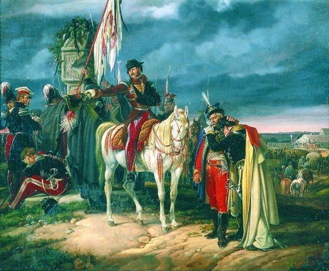 Elbląg, Polskie oddziały przekraczają granicę z Prusami, obraz Dietricha Montena Elbląg, Polskie oddziały przekraczają granicę z Prusami, obraz Dietricha Montena