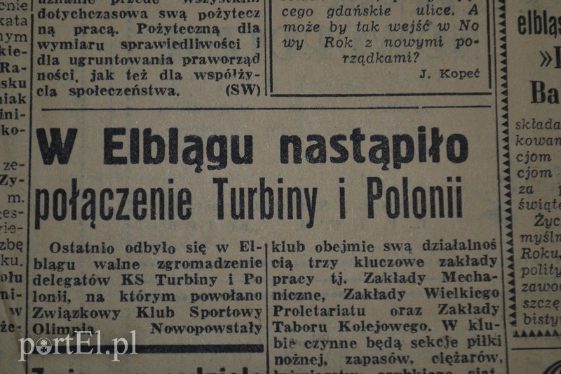 Elbląg, Fragment Dziennika Bałtyckiego z 31 grudnia 1959r. informujący o powstaniu Olimpii Elbląg