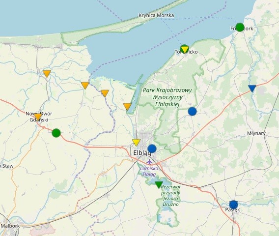 Elbląg, Pomarańczowe trójkąty oznaczają stan ostrzegawczy, żółte - stan wysoki, czerwony - stan alarmowy, zielony - brak zagrożenia. Źródło: pogodynka.pl