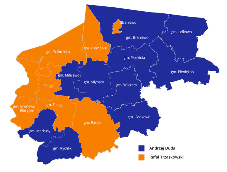 Elbląg, Na tej grafice widać, który z kandydatów wygrał w poszczególnych gminach regionu elbląskiego w drugiej turze (graf. Andrzej Kraśkiewicz) Elbląg, Na tej grafice widać, który z kandydatów wygrał w poszczególnych gminach regionu elbląskiego w drugiej turze (graf. Andrzej Kraśkiewicz)