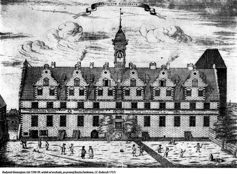 Elbląg, Budynek Gimnazjum Elbląskiego na rycinie z XVIII wieku