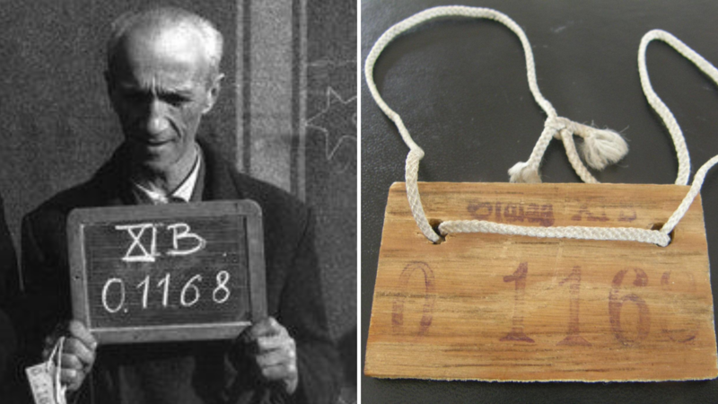 Elbląg, Fotografia Ojca po przybyciu do obozu jenieckiego Fallingbostel XI B.Trzyma tablicę ze swoim numerem jeńca, w prawej ręce małą drewnianą tabliczkę z tym samym numerem, przeznaczoną do noszenia na szyi. Obok fotografia tej tabliczki