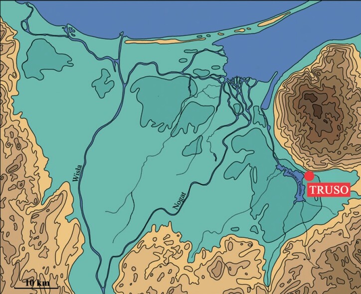 Elbląg, Położenie Truso na tle współczesnej mapy hydrograficznej i wysokościowej rejonu ujścia Wisły ("Truso: legenda Bałtyku")