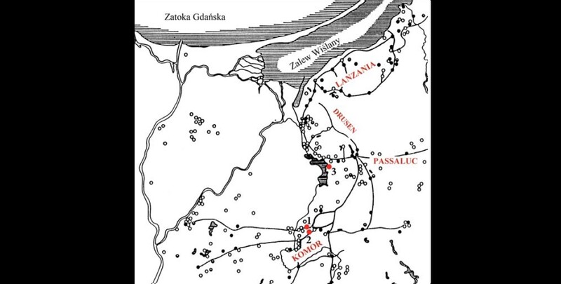 Elbląg, Położenie grodow strażniczych Kwietniewo st. 1 (1), Kwietniewo st. 2 (2) i osady Truso (3) na tle mapy osadniczej z nazwami ziem pruskich oraz sieci komunikacyjnej ("Truso. Między Weonodlandem a Witlandem") Elbląg, Położenie grodow strażniczych Kwietniewo st. 1 (1), Kwietniewo st. 2 (2) i osady Truso (3) na tle mapy osadniczej z nazwami ziem pruskich oraz sieci komunikacyjnej ("Truso. Między Weonodlandem a Witlandem")