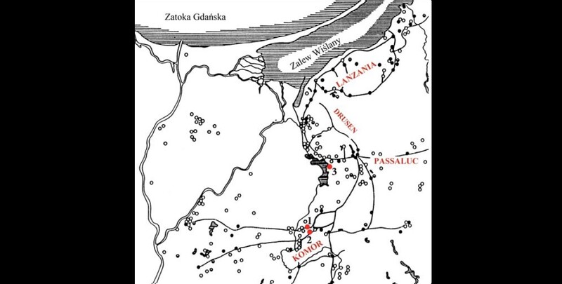 Elbląg, Położenie grodow strażniczych Kwietniewo st. 1 (1), Kwietniewo st. 2 (2) i osady Truso (3) na tle mapy osadniczej z nazwami ziem pruskich oraz sieci komunikacyjnej ("Truso. Między Weonodlandem a Witlandem")