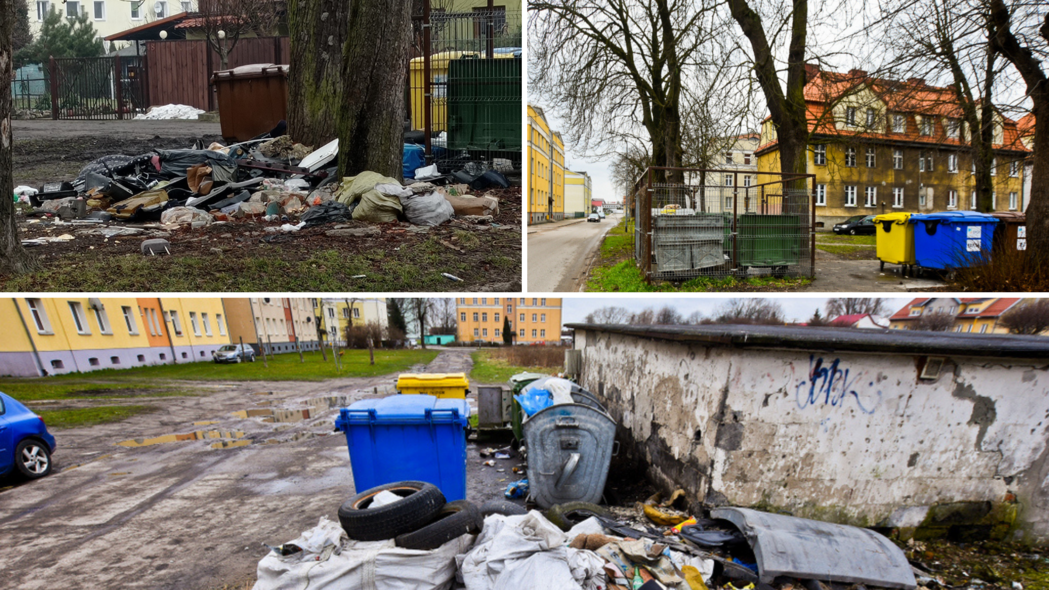 Elbląg, Trzy obrazy z ul. Kilińskiego/Narciarskiej. Lewy górny róg - zdjęcie nadesłane przez Czytelniczkę. Zdjęcie prawy górny róg - to samo miejsce posprzątane przez ZBK. Zdjęcie na dole - wysypisko niewiele dalej przy ul. Narciarskiej