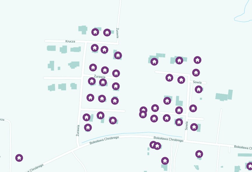 Elbląg, Fragment interaktywnej mapy z zaznaczonymi miejscami, w których będzie podłączana sieć światłowodowa. W Elblągu takich punktów będzie ok. 7 tysięcy