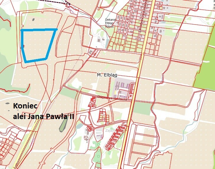 Elbląg, Tę działkę kupił ostródzki deweloper (grafika z portalumapowego Elbląga, oznaczenie działki - portEl.pl) Elbląg, Tę działkę kupił ostródzki deweloper (grafika z portalumapowego Elbląga, oznaczenie działki - portEl.pl)