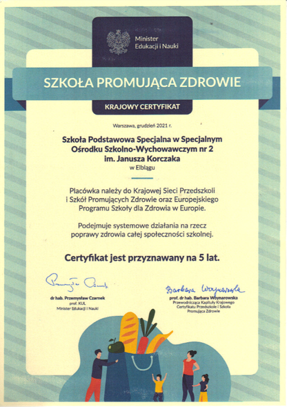 Elbląg, Krajowy Certyfikat „Szkoły Promującej Zdrowie" przyznany SOSW nr 2 w Elblągu