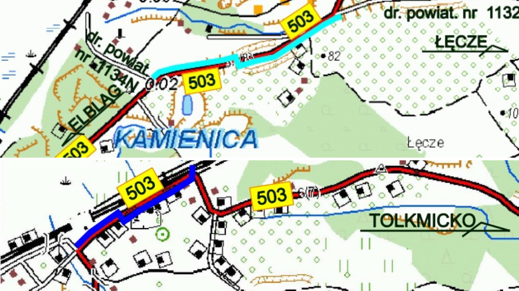 Elbląg, Na tych odcinkach drogi nr 503 (zaznaczonych na niebiesko) mają powstać ścieżki rowerowe (graf. z dokumentów przetargowych)