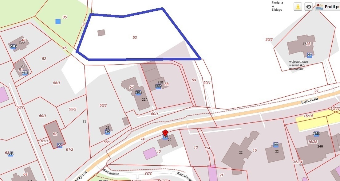 Elbląg, Działkę przeznaczoną do sprzedaży oznaczyliśmy niebieską linią Elbląg, Działkę przeznaczoną do sprzedaży oznaczyliśmy niebieską linią