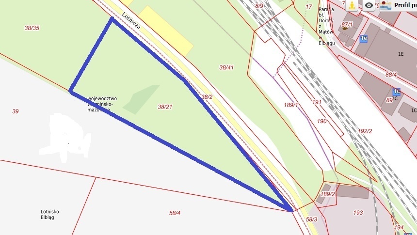 Elbląg, Działkę przeznaczoną na sprzedaż zaznaczyliśmy niebieską linią (graf. portalmapowy UM w Elblągu)