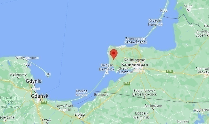 Elbląg, Kruglowo znajduje się kilkadziesiąt kilometrów na zachód od Królewca (Google Maps)