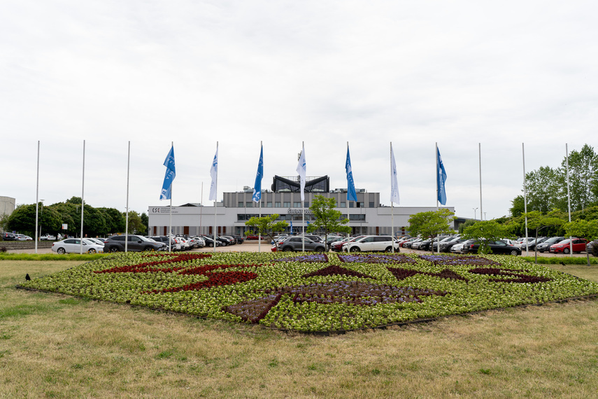 Elbląg, Przed placem Kazimierza Jagiellończyka o jubileuszu uczelni przypomina kwietna rabatka Elbląg, Przed placem Kazimierza Jagiellończyka o jubileuszu uczelni przypomina kwietna rabatka